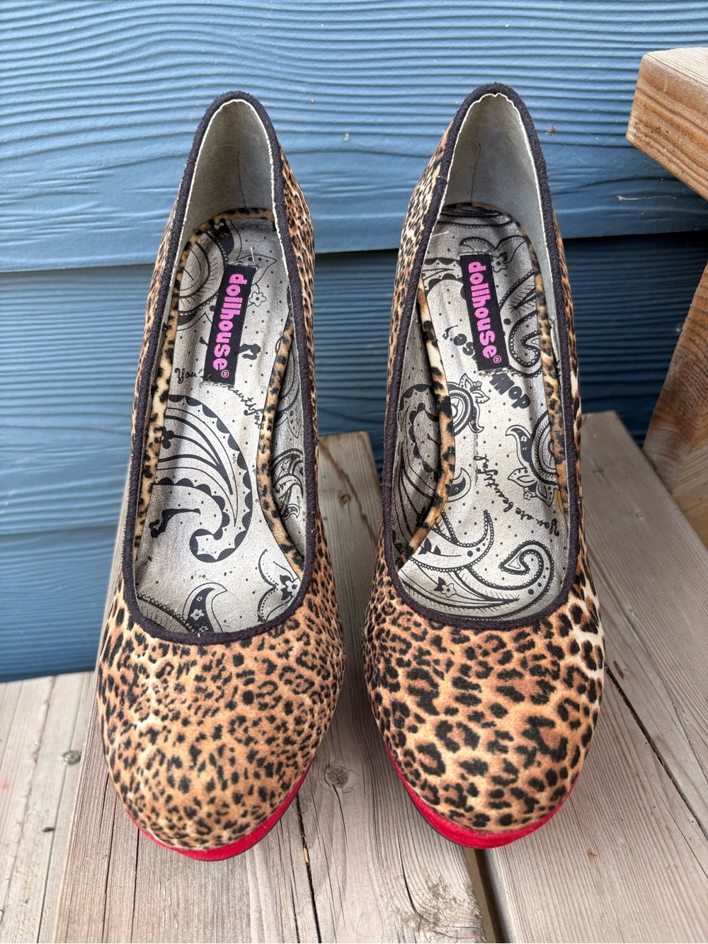 Size 8 Dollhouse Leopard Print Platform Pumps with Red Sole Accent